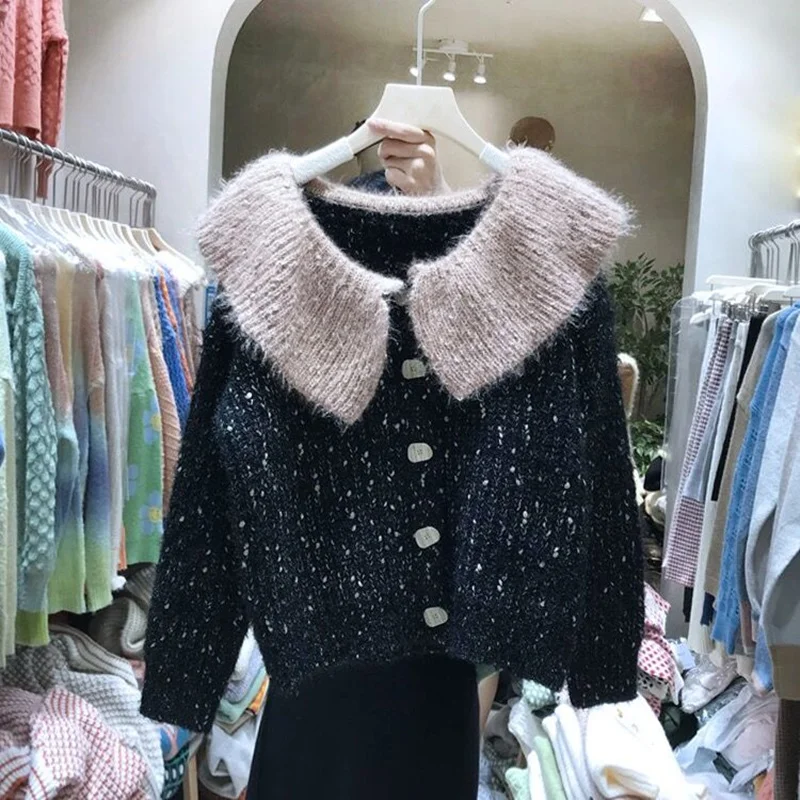 Корейский Ленивый Oaf женский кардиган с длинным рукавом Осень Зима Топы Kawaii Большой гофрированный воротник контрастный цвет вязаный кардиган свитер