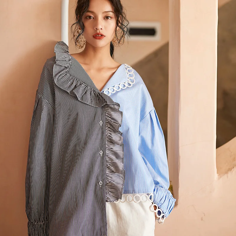 LANMREM сшивание полоски контрастного цвета гофрированное кольцо асимметричное