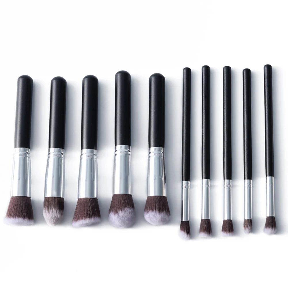 black Silver 10 шт. набор кистей для макияжа, тени для век, кисть для пудры, румян, кисть из мягкого волокна, кисть для красоты лица, деревянная ручка TSLM1 - Handle Color: black Silver