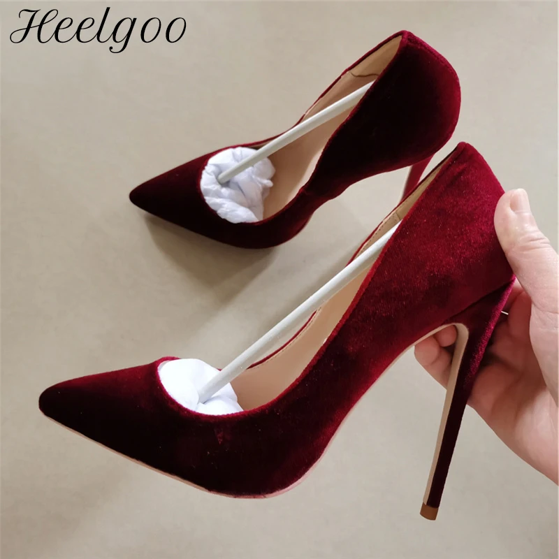 Heelgoo Classic Design Women Flock Pointy Toe High Heel Shoes Elegant Ladies Slip On Stiletto Pumps Solid Plain Burgundy Green