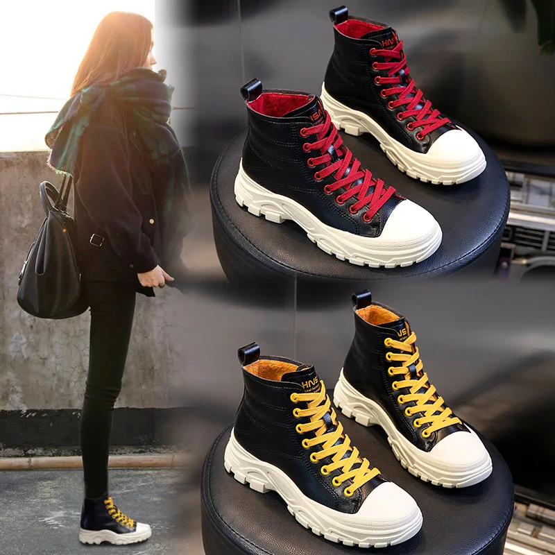 

Martin boots female 2019 winter new wild ankle boots net red high plus cashmere warm cotton shoes