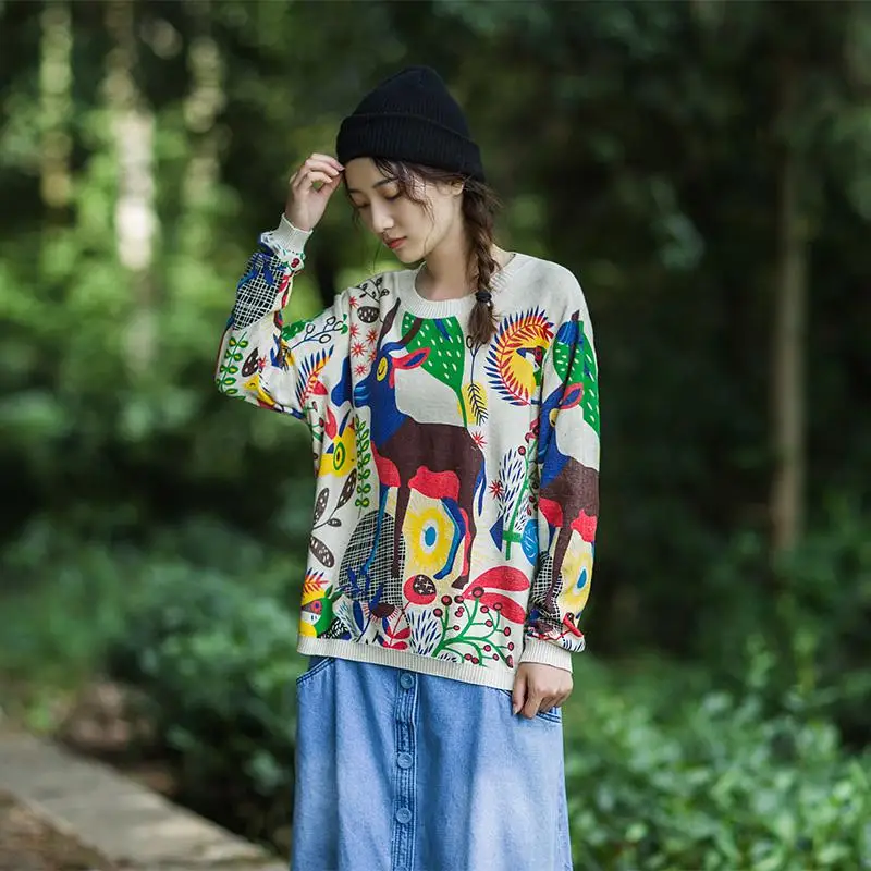 Осень, новинка, художественный стиль, женский свободный пуловер с длинным рукавом и круглым вырезом, универсальный, Повседневный, винтажный, с принтом, хлопковый, вязаный свитер S553 - Цвет: White
