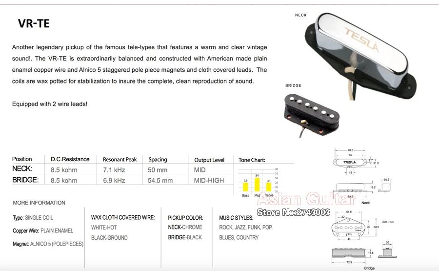 Tesla VR-TE Alnico пикап, одна катушка воск в горшках гитары пикап, шеи хром цвет, мост черный цвет