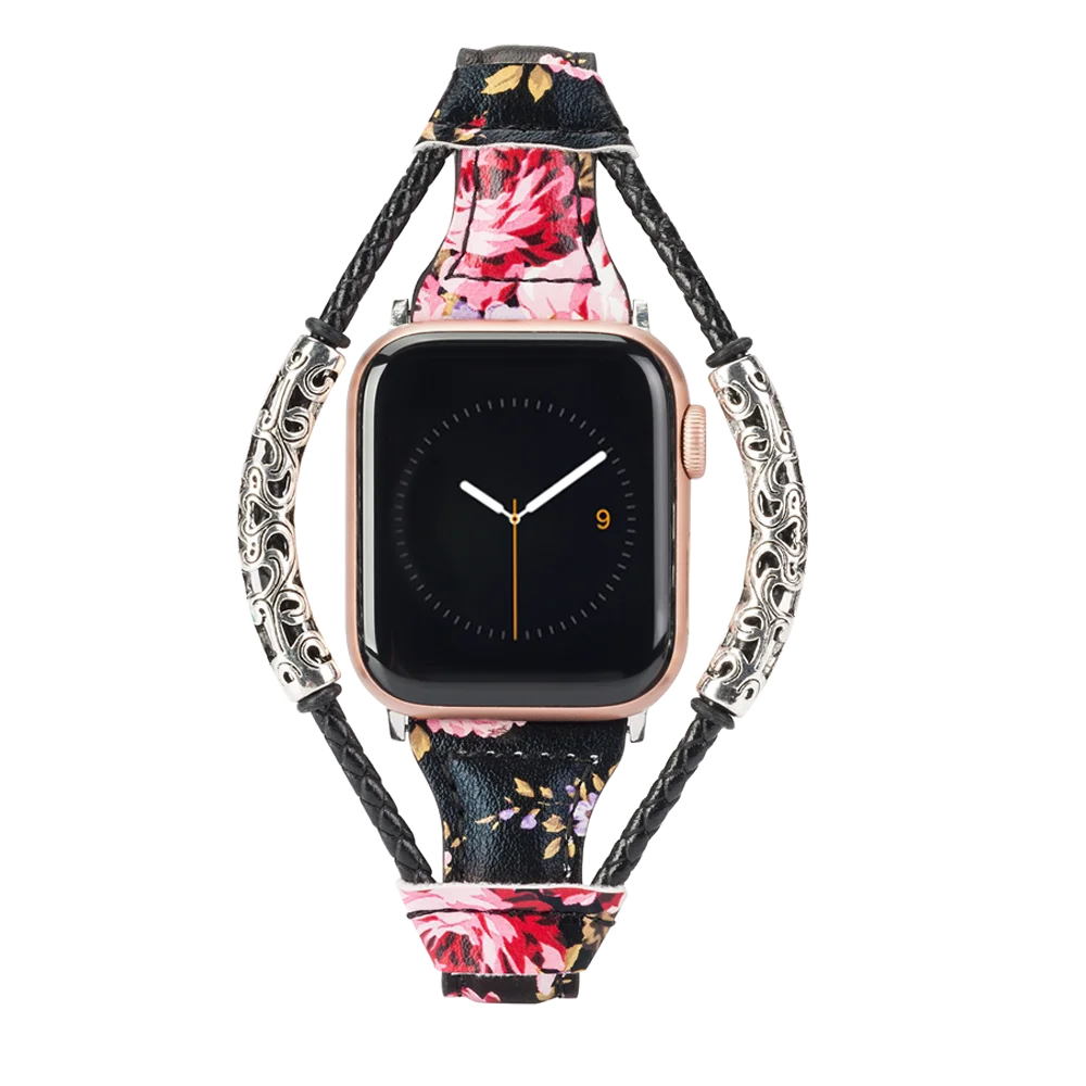 BkPink Кожаный ремешок для Apple Watch Band для женщин тонкий переплетение двойное кольцо браслеты Замена Группа аксессуары для iwatch 4/3/2/1 - Цвет ремешка: BkPink