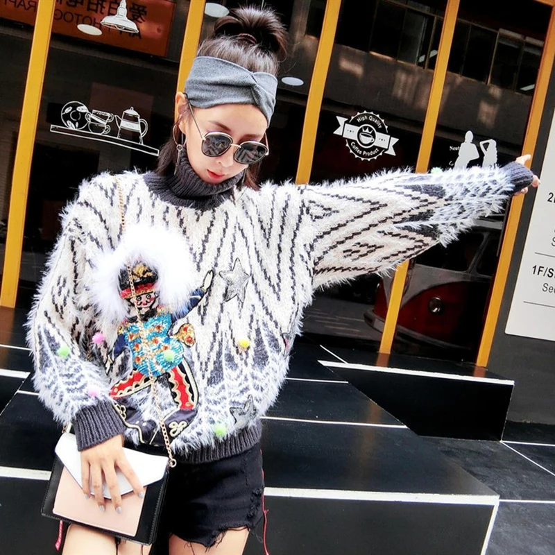 Thailand Street Fashion Autumn Winter New Lazy Wind Hippo Wool Thicken Sweater Female High Collar Loose Sweater Short Section