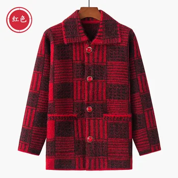 

Autumn Winter Knitted Cardigan Loose Casual Thick Plaid Sweater Jumper Women Knitting Jacket Soft Warm Plus Size Mother Clothing