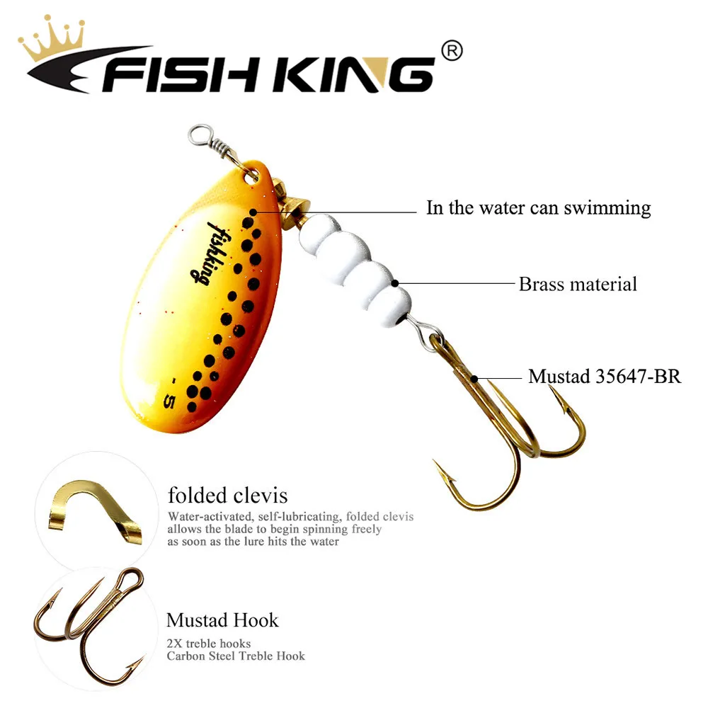 FISH KING Spinner Bait 1pc 3.2g 4.3g 6.1g 9.6g 13.6g Fishing Lure Bass Hard Baits Spoon With Treble Hook Tackle High Quality
