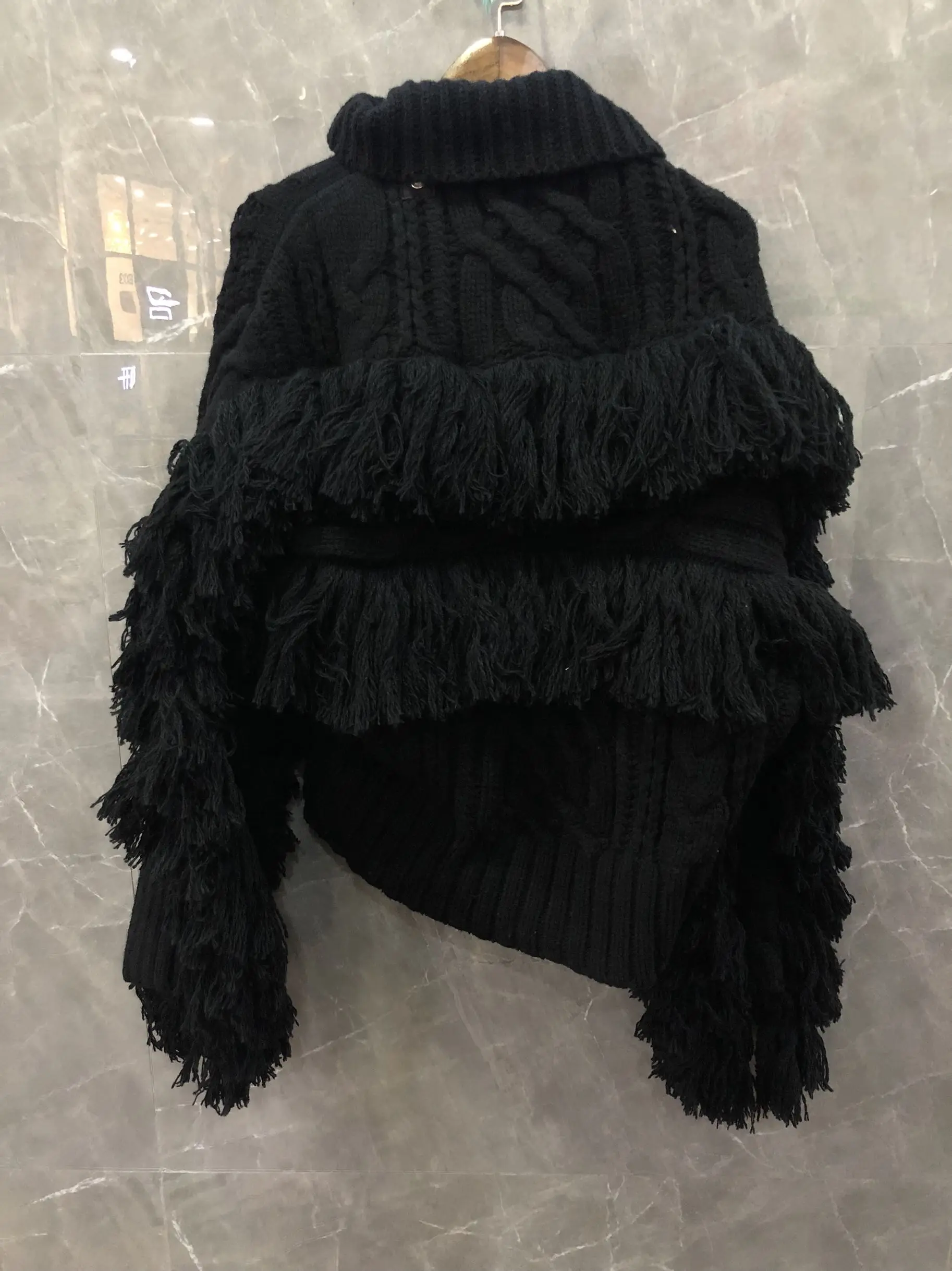 luxury new women wool knitted tassel jacket coat female loose outerwear coat tutu