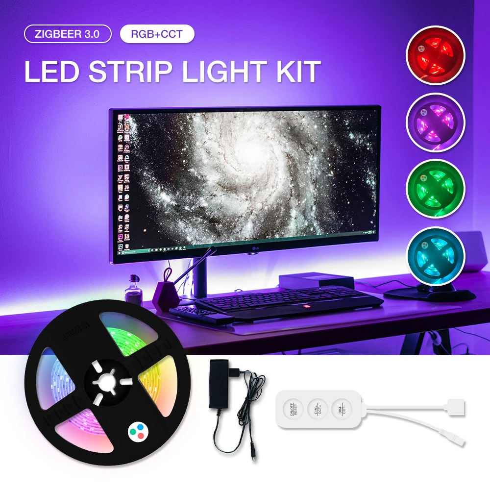 Gledopto 3-Key Zigbee 3.0 LED Controller Smart Home RGB+CCT Light Strip Kit With DC12V Power Supply For TV-Back Lighting kitchen zigbee rgbcw mini controller 1m 10m dc12v 5050 rgb cct 90leds m led strip light power kit for zigbee 3 0 hub echo plus app