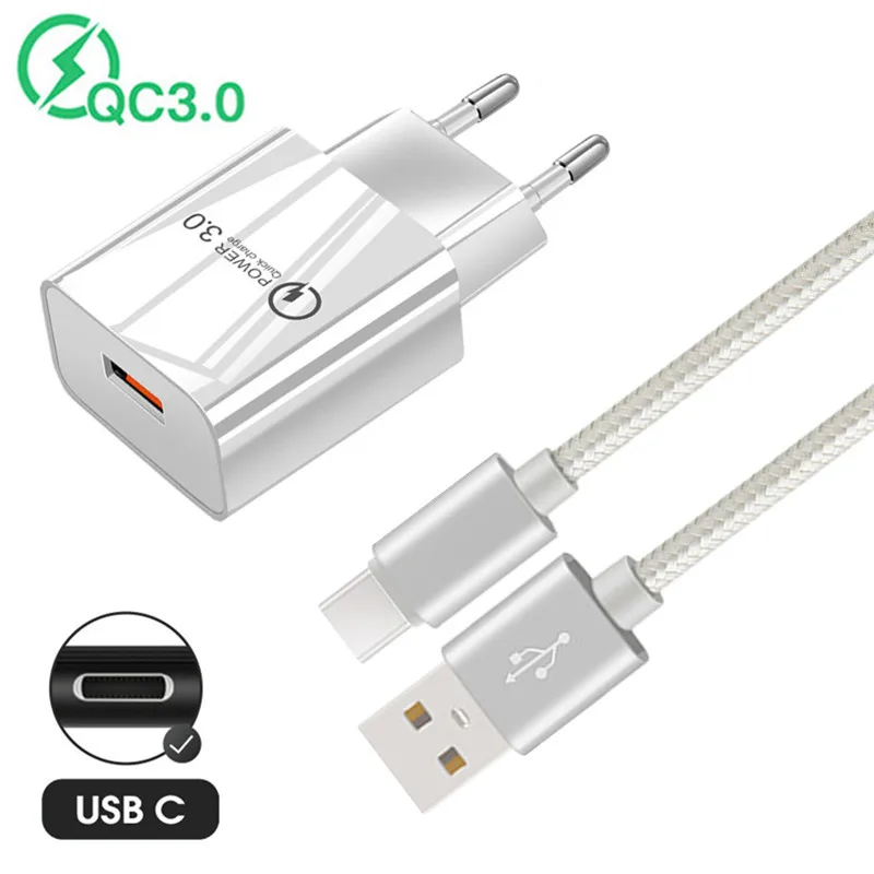 Travel Mobile Phone Charger 18W quick Charge USB Adapter Type C Cable For Samsung Galaxy Z Flip 3 5G S21 S10 A50 A30s A03s | Мобильные