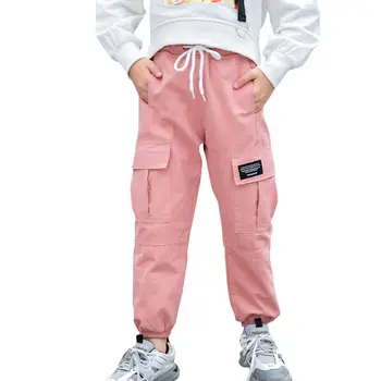 

2020 Spring Autumn Solid Color Kids Cotton Trousers Teenage Clothing Elastic Waist Cowgirl New Arrival 4-13T Girls Cargo Pants