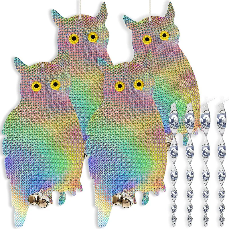 

Приманка в виде совы, приманка для отпугивания птиц-подвесное отражающее пугающее устройство для защиты от дятла с 4 спиральными стержнями и 4 совами