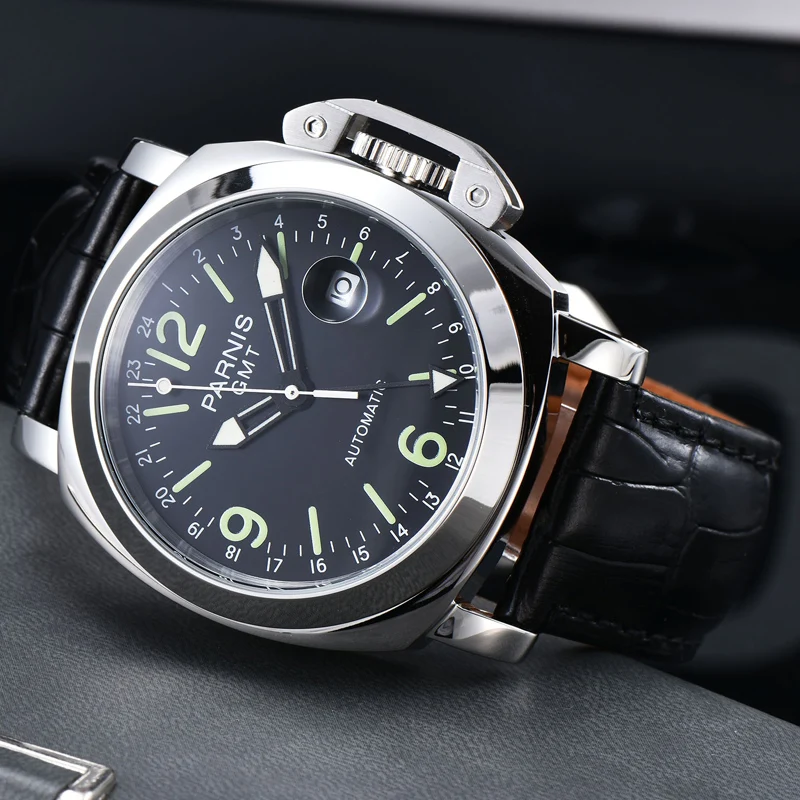 

Parnis 44mm Watch Men GMT Luminous Hands Automatic Movement Men's Stainless Steel Case Leather Strap
