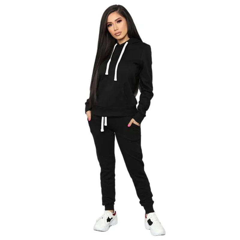 

New Arrival Solid Color Sports Hooded Two Pant Set