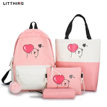 

LITTHING 4PCS/SET Cute Kids Children School Bags Women Nylon Backpack Korea Style Shoulder Bag Girls Schoolbag Mochila Escolar