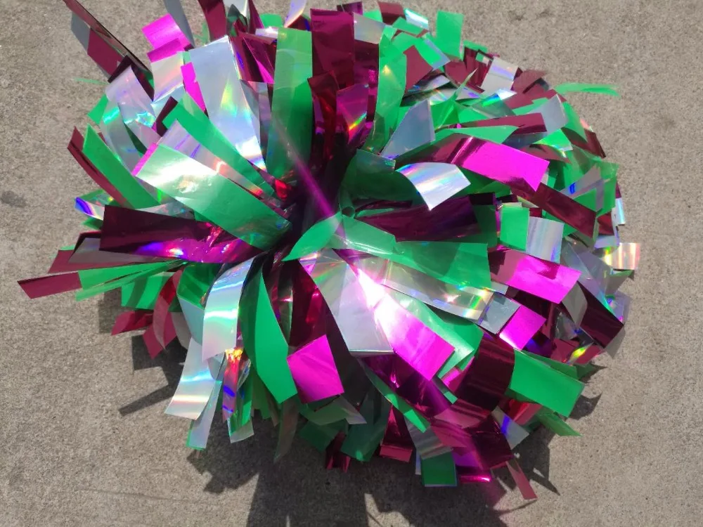 Cheerleader Pom Pom Plastic, Light Green, Metallic, Hot Pink Mixed, 3/4 "x 6"