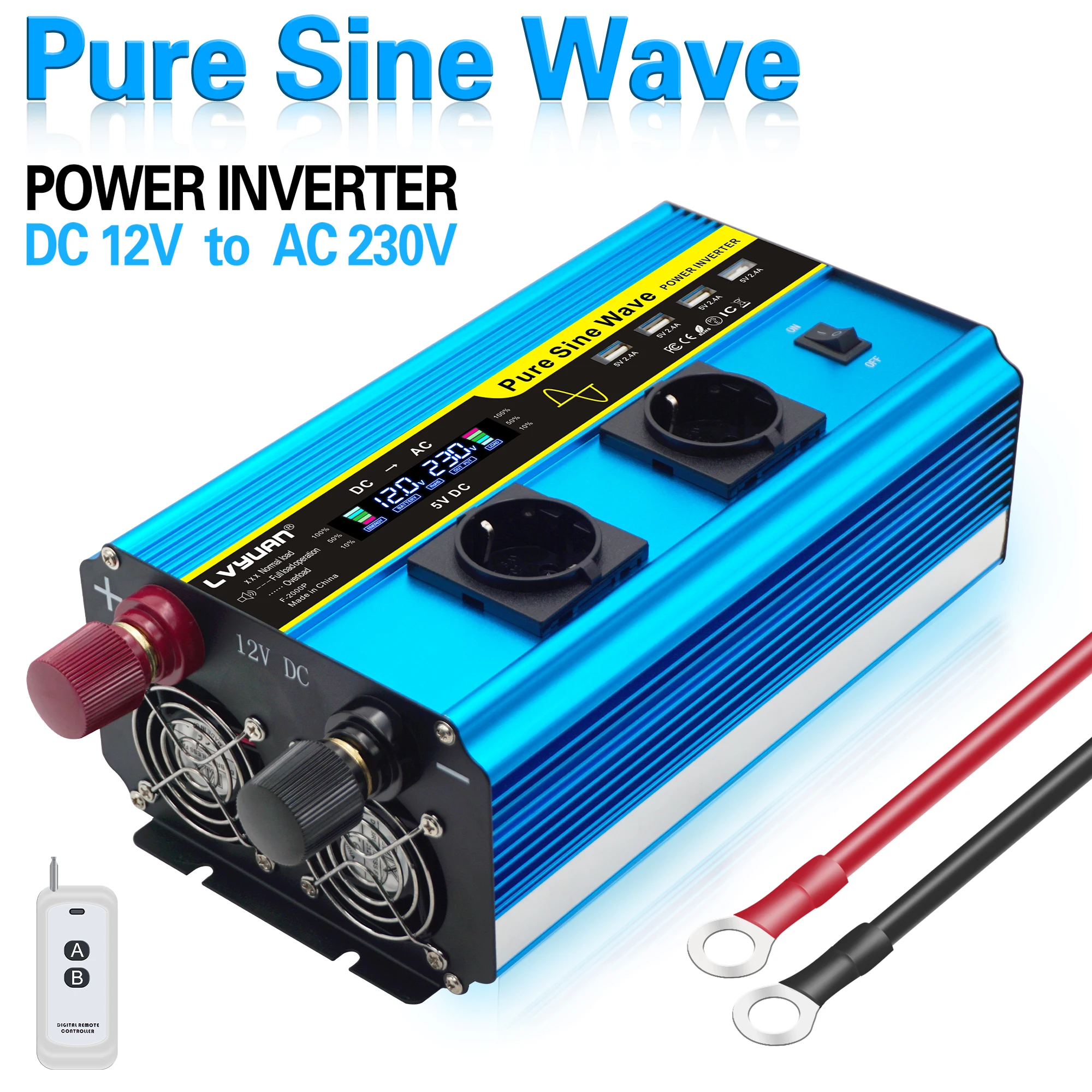 LVYUAN Pure Sine Wave Inverter 2000W/4000W LCD DC 12V to AC 220V