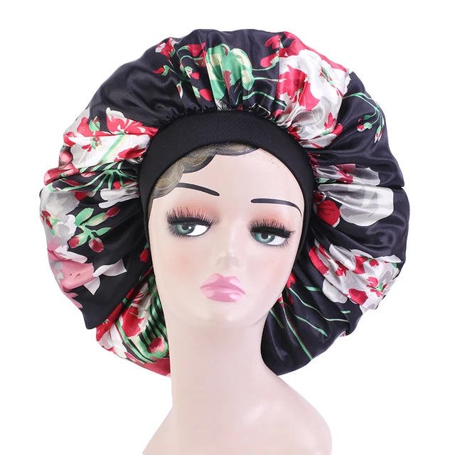 New Women Big Size Beauty print Satin Silky Bonnet Sleep Night Cap Head Cover Bonnet Hat for For Curly Springy Hair Black 408E Black flower