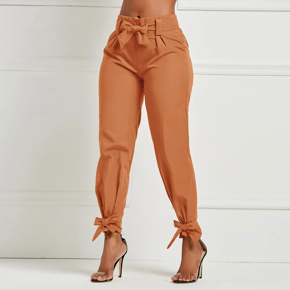 WENYUJH, свободные женские штаны с бантом и оборками, повседневные, одноцветные, с высокой талией, с карманами, осенние женские брюки, женские штаны с поясом - Цвет: Style 1 orange