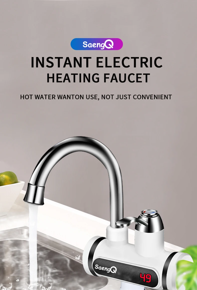 Electric faucet water heater with temperature display for instant hot water in kitchen and tankless water heating