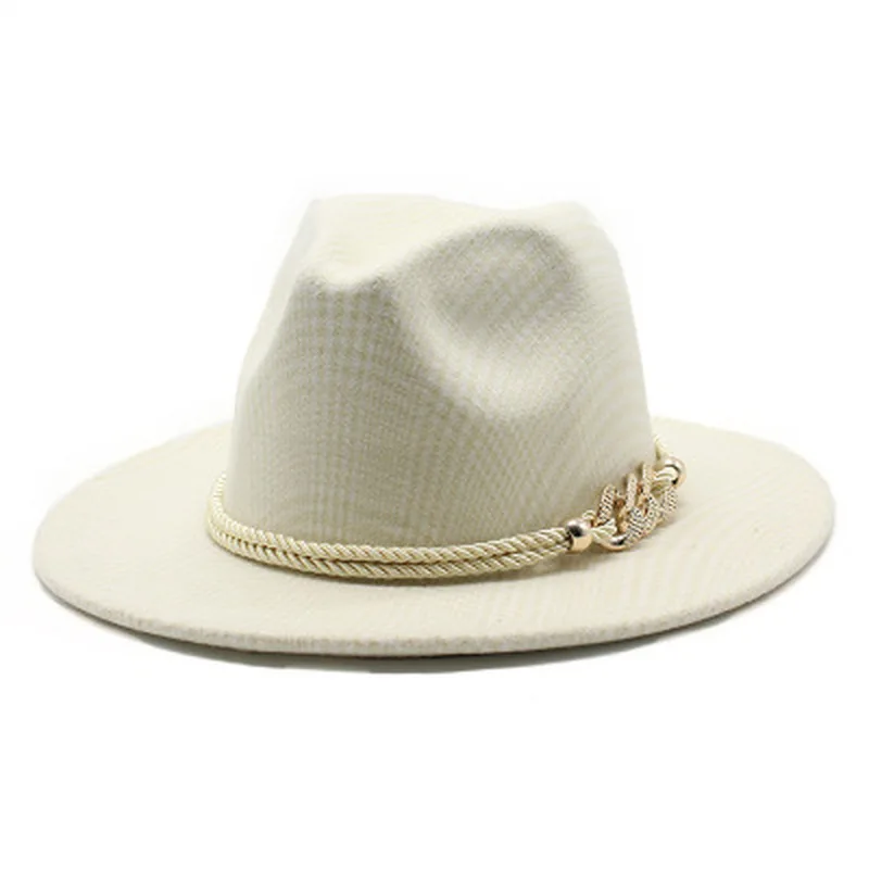 

fedora hats for women wool plaid belt wedding church luxury autumn winter hats women men white beige wide brim 2020 new felt hat