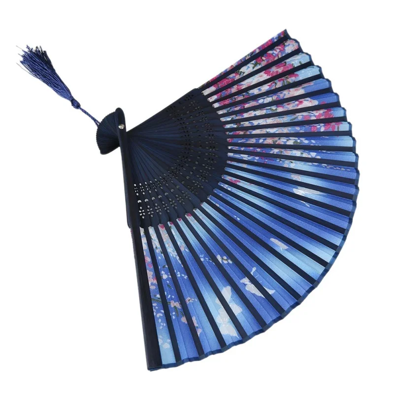 Silk Chinese Fan Folding Hand Held Silk Bamboo Prints Fan Handmade Retro Style Blue Decorative Fans