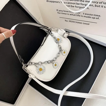 

Fashion Daisy Shoulder Bags Women Bag Metal Chain Underarm Bags High Quality PU Leather Handbag Simple Solid Color Half Moon Bag
