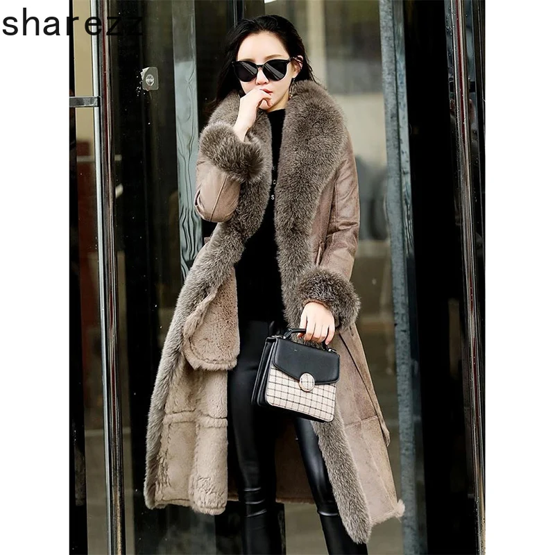 Double-faced Fur Coat Women Real Fox Fur Collar Slim Leather Fox Fur Coat Rex Rabbit Fur Coat