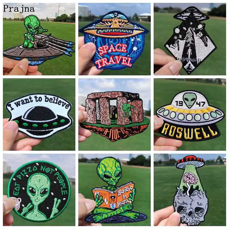 

Prajna UFO Style Patch Iron On Embroidered Patches For Clothing DIY Alien Space Badges Stripes On Clothes Jacket Appliques Decor