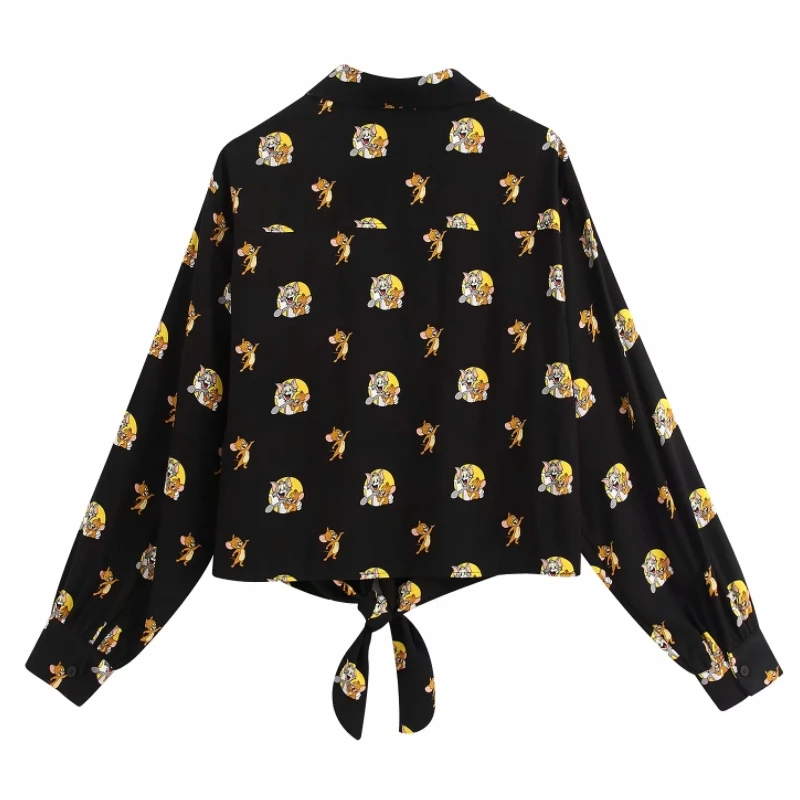New women fashion v neck cartoon pattern print hem bow knotted casual blouses ladies long sleeve chic shirts leisure tops LS6322