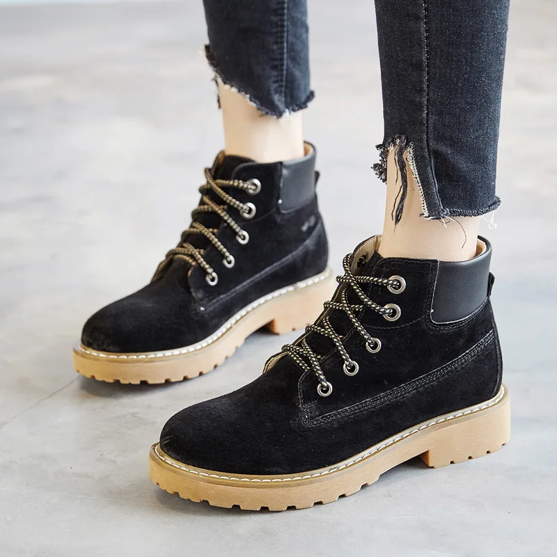 

Ankle Round Toe Low Women Boots Solid Fashion Punk Motorcycle Boots Concise Lace Up Shoes