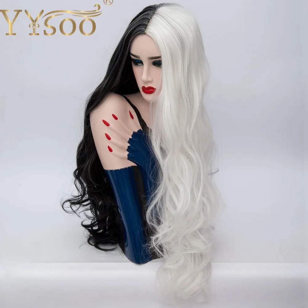 YYsoo Женский Косплей длинный волнистый парик синтетический 2 тона половина черный половина белые волосы термостойкий костюм, ниспадающий волнами парики для женщин часть использования