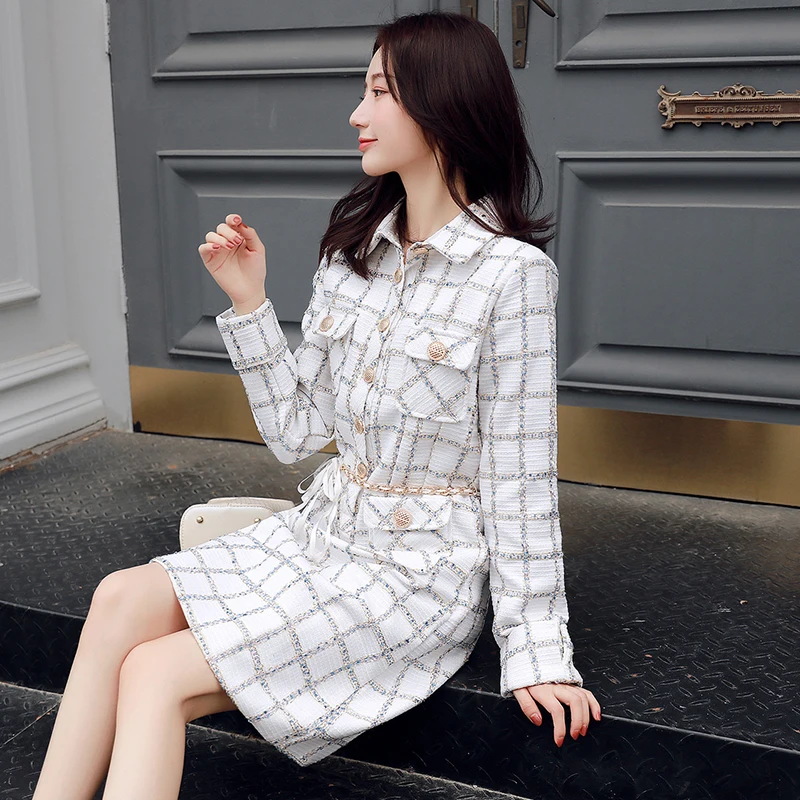 Fall Black Plaid Tweed Midi Party Dress Women Winter Golden Single-Breasted Long Sleeve White Woolen Dress With Chain belt