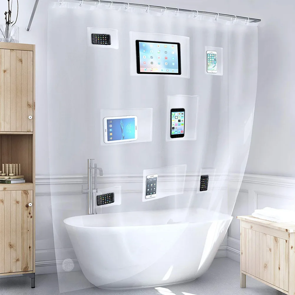Clear Shower Curtain Liner 4 Touch-sensative Pockets Tablet or Phone Holder EVA 