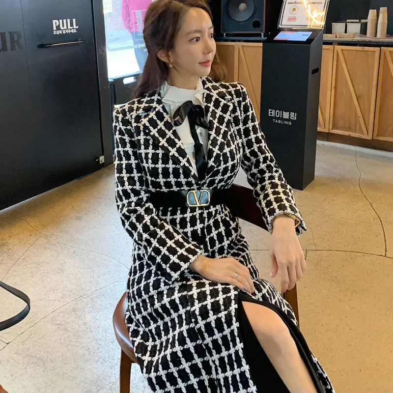 

2019 Winter New Style Korean-style Elegant Suit Collar Mid-length Slim Fit Plaid Slimming Woolen Jacket Women's