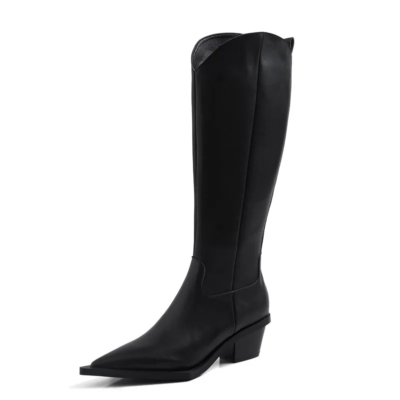 Black Synthetic Lini Meotina/зимние сапоги в западном стиле; женские сапоги до колена из натуральной кожи на толстом высоком каблуке; обувь с острым носком на молнии; Женская Осенняя обувь; 39 - Цвет: Black Synthetic Lini