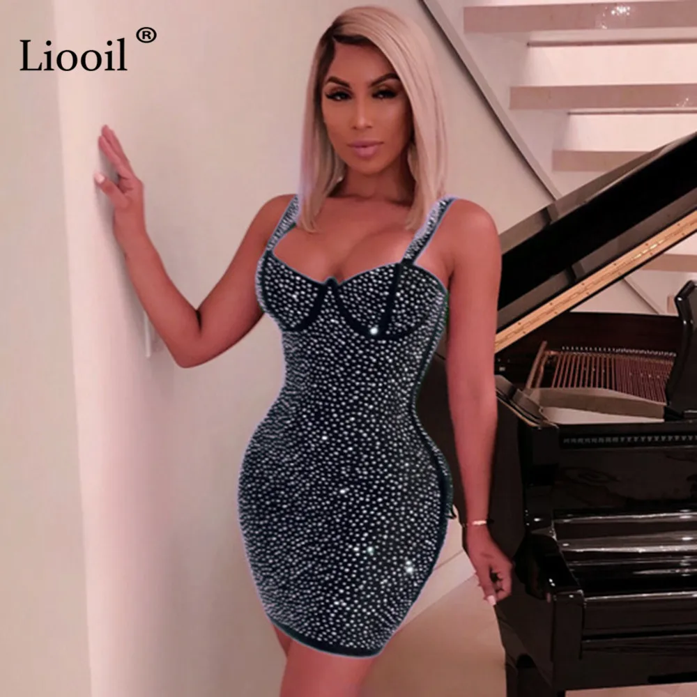 Черный Liooil, сексуальное, стразы, облегающее, мини платье, для женщин, Клубная одежда,, без рукавов, на молнии, черный, синий, со стразами, облегающее, для ночного клуба, вечерние платья - Цвет: Черный