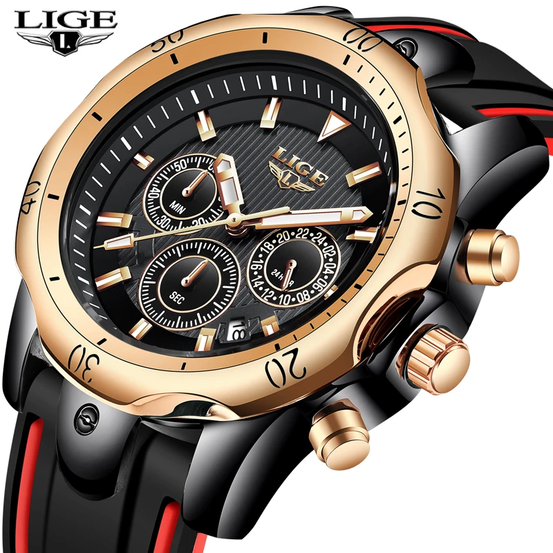 

LIGE Men Watches Fashion Male Sports Chronograph Analog Quartz Watch Men Silicone Strap Waterproof WristWatch Relogio Masculino