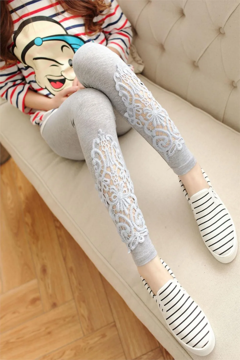 LJCUIYAO Women Leggings Mujer Diamond Sexy Lace Fitness Elastic High Waist Casual Pants White Black Splicing Hollow Out Bottom fleece lined leggings