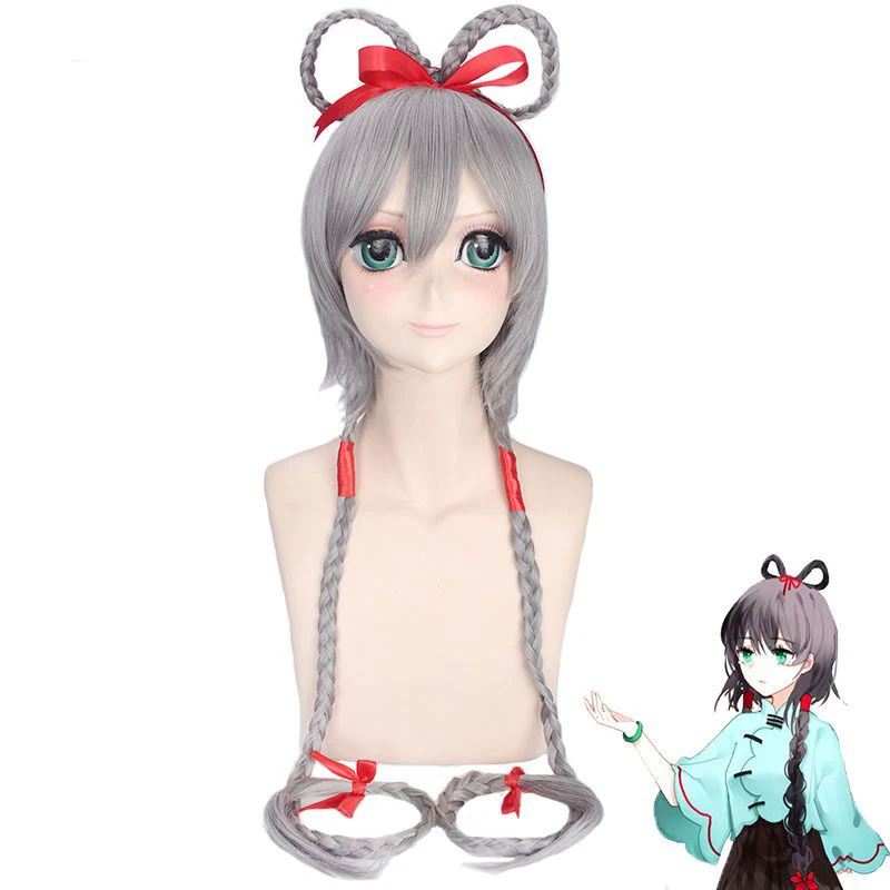 

VOCALOID Luo Tianyi for Women Long Straight Braid Cosplay Wigs 120cm Grey Heat Resistant Synthetic Female Fake Hair Wig
