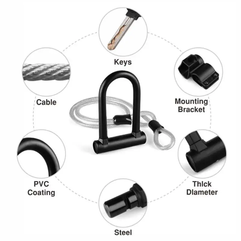 Bike Bicycle Lock Steel Anti-Theft Anti Hydraulic Shear U Shape Steel Cable Keys Bicycle Security Lock Bicycle Part Chain Lock