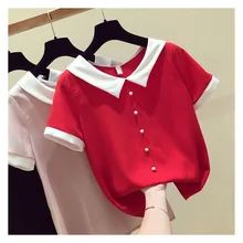 

2021 Spring Summer Chiffon Blouses Women Cute Peter Pan Collar Shirts Lady Short Sleeve Beading Tops Plus Size 3XL Blusas