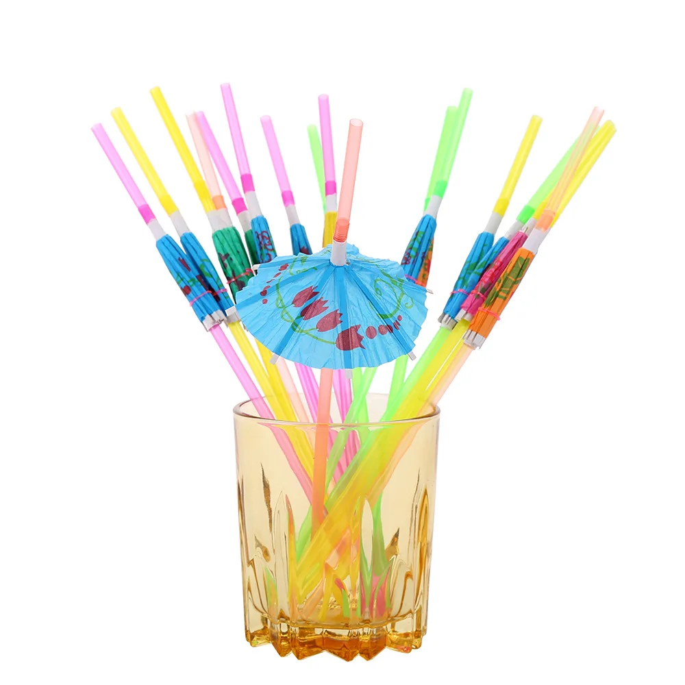 

50pcs Mixing Fluorescent Umbrella Straws Party Decoration Hawaiian Summer Style Disposable Tableware Fruit Juice Cocktail Straw