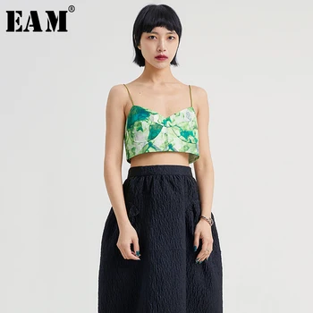 

[EAM] Women Blue Green Pattern Printed Tank Tops New V-collar Sleeveless Personality Fashion Tide Spring Summer 2020 1W467