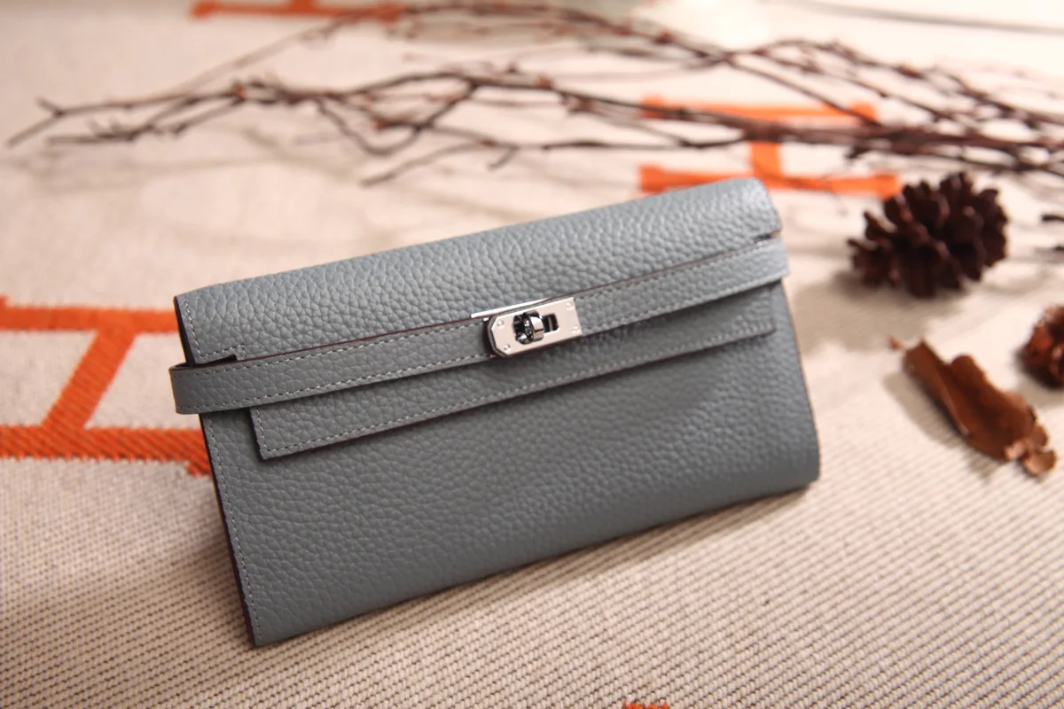 Genuine Leather Litchi Pattern Lock Purse Hasp Wallet Women Fashion Trendy High Quality Drop Shipping Multi Function Bank Card - Color: linen blue