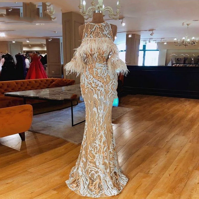 Новое Элегантное арабское вечернее платье из перьев robe de soiree кружевное платье для выпускного вечера исламское дубайское женское вечернее платье на заказ
