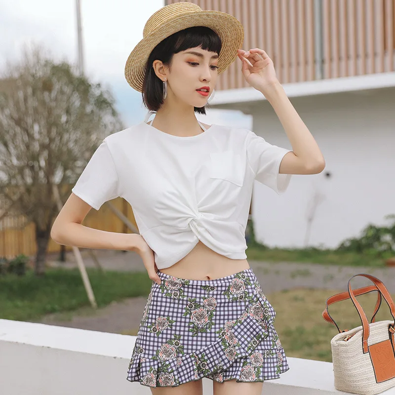 

2019 New Style Bathing Suit Women's Split Type Underwire Push up High Waist Skirt-Boxer Floral-Print Bikini Swimwear