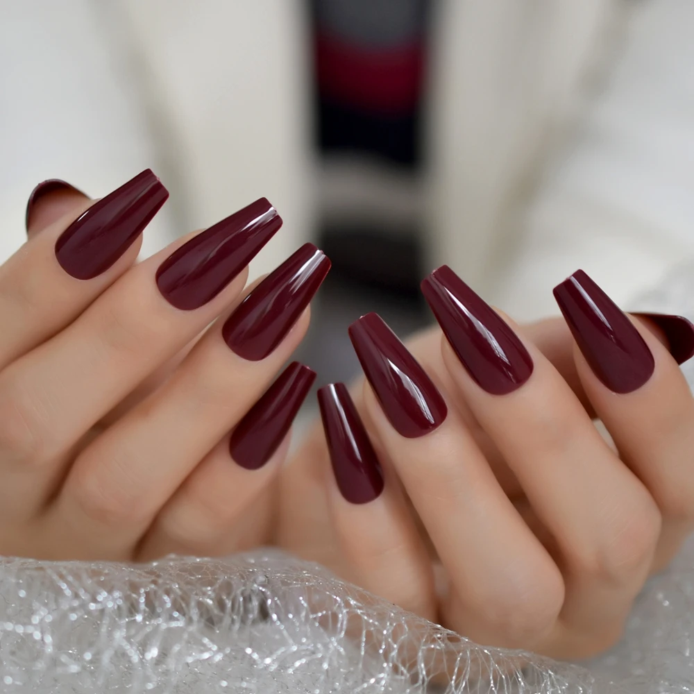LongCoffinDesignNailsArtTipsSquarePureColorChocolateBrown