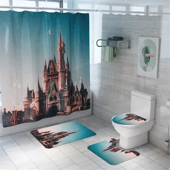 

Decor Shower Curtain Vintage Building Design Polyester Fabric Bathroom Shower Curtain Set with Hooks