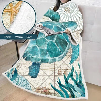 

Marine Animal Printing Home Warm Blanket with Sleeves Portable Travel Camping Cold-proof Cover Blanket Soft Warm Cloak
